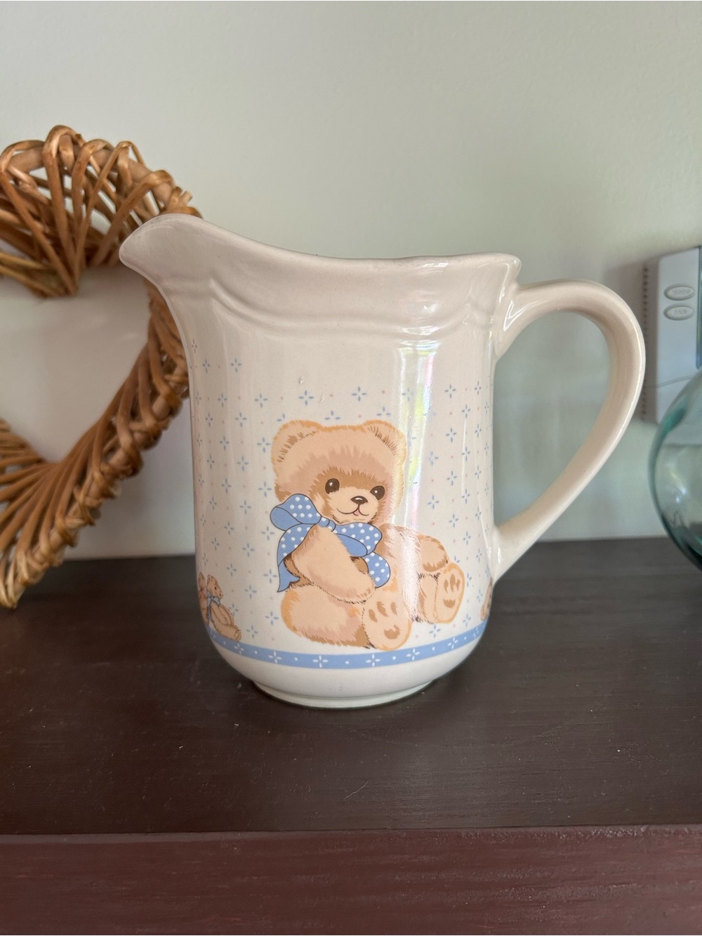 Vintage Tienshan Stoneware Country Teddy Bear Pitcher 1980s